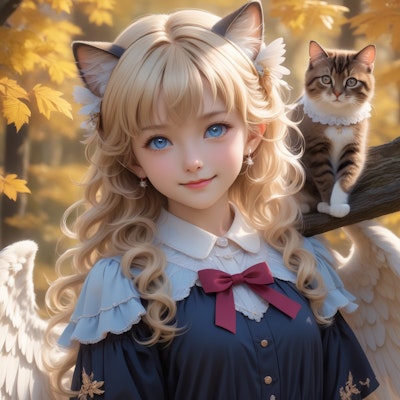 ロングヘア金髪の猫耳美少女天使と茶トラ「仲良くなった記念に写真撮ろうよ」