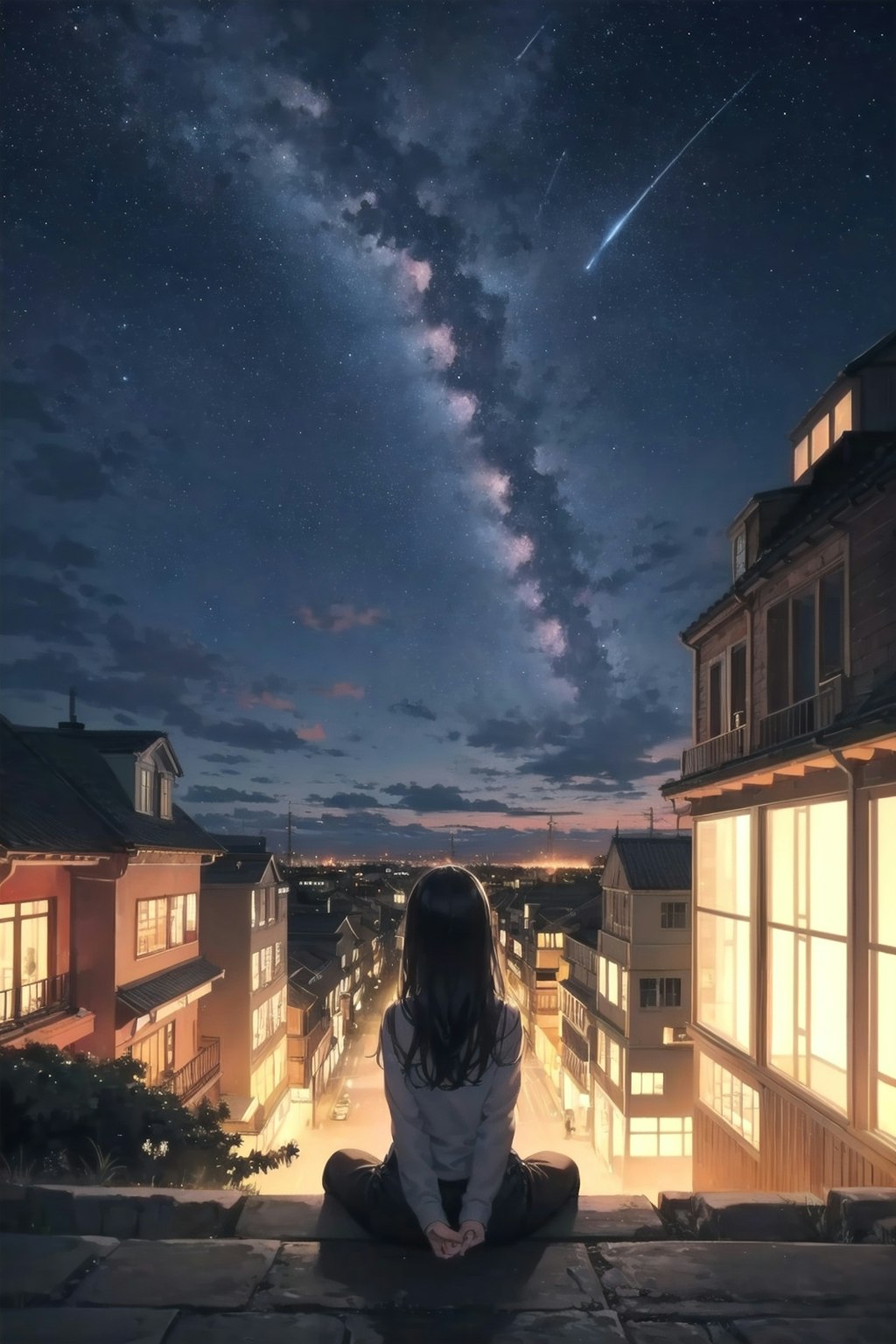 夜空を眺める少女