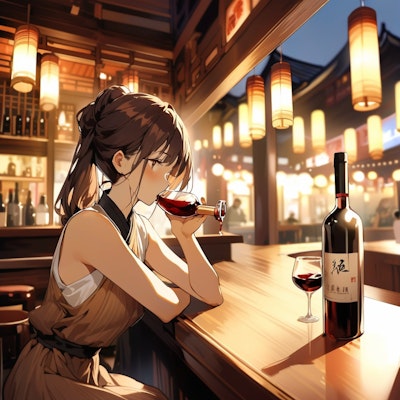 上海のバー、紹興酒を飲む女。