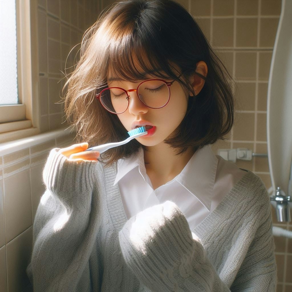 眼鏡女子 楓の朝の歯磨き