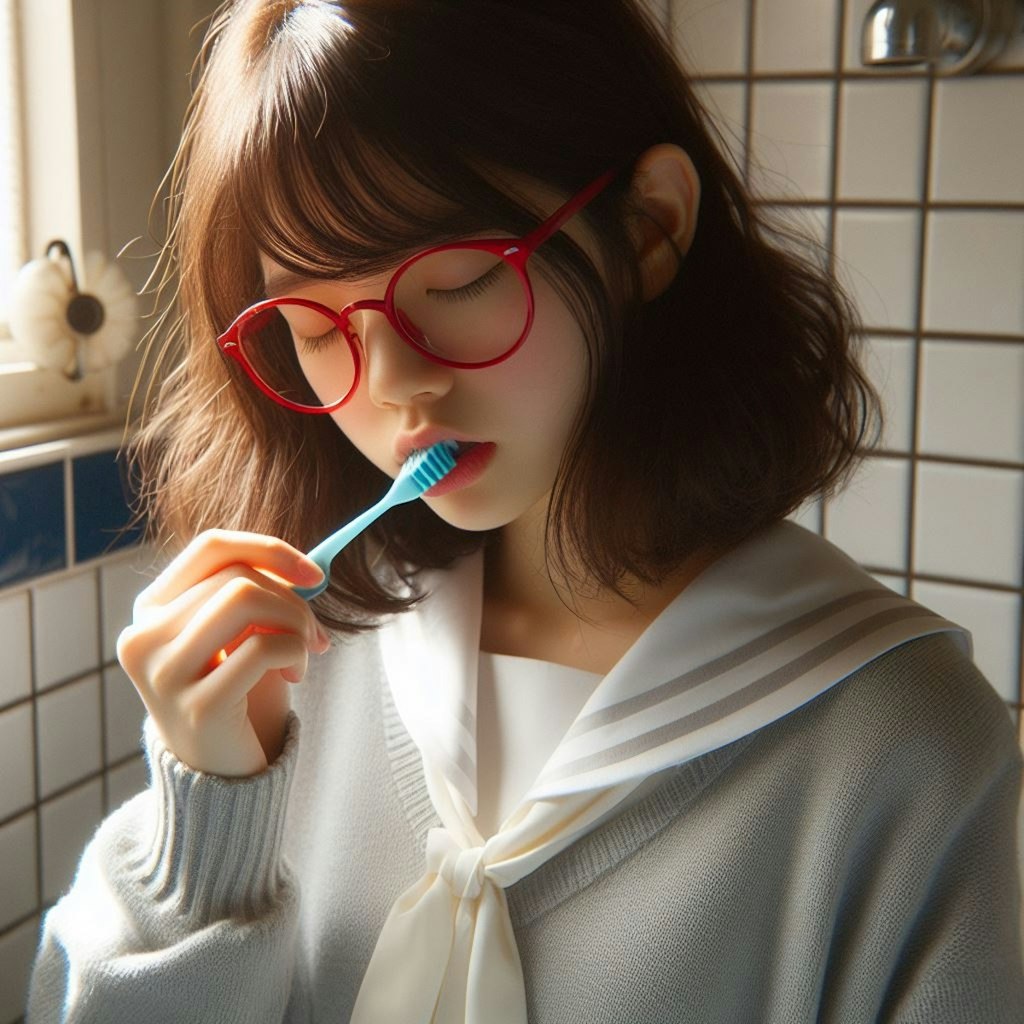 眼鏡女子 楓の朝の歯磨き
