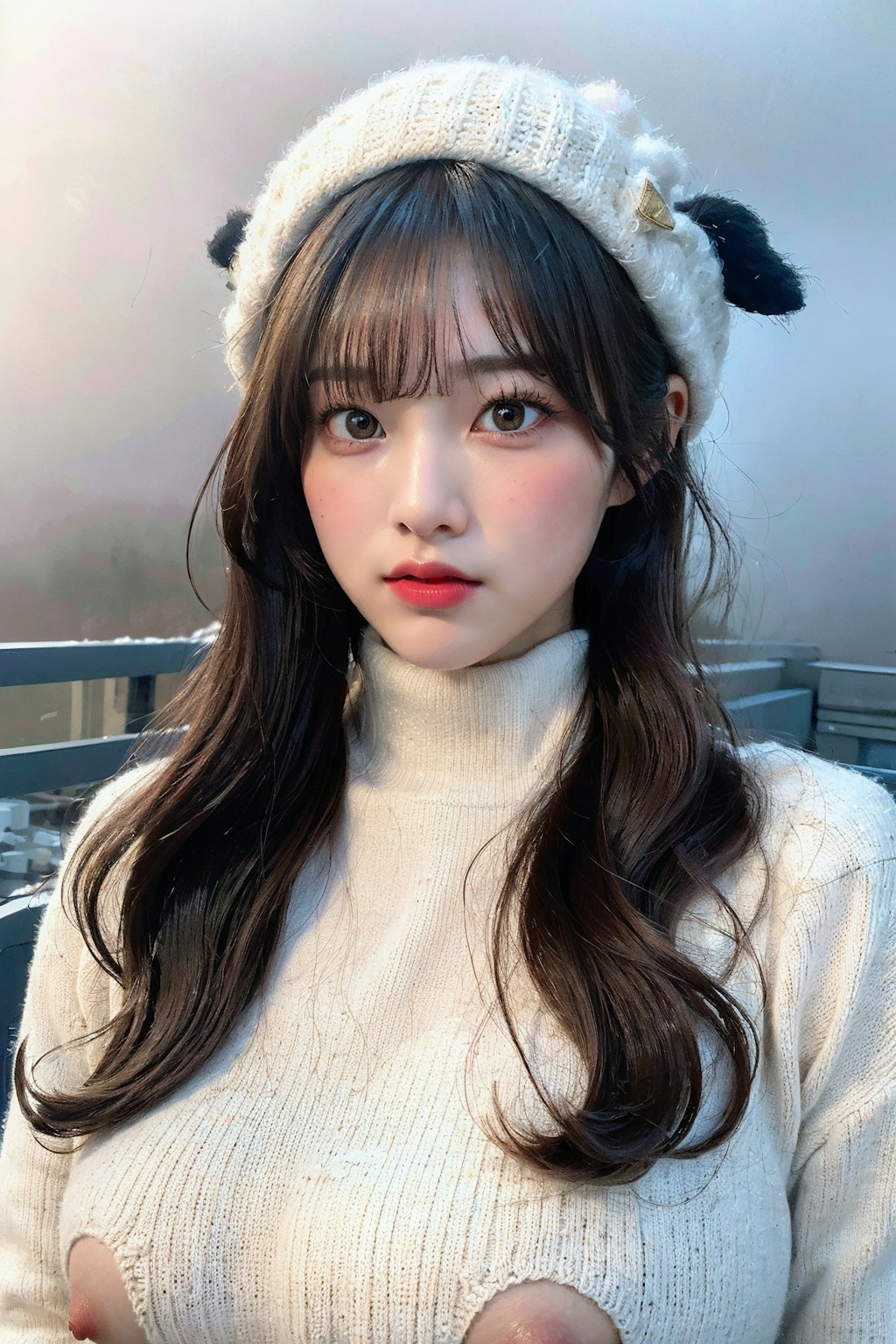 タートルネックのニットでポロリ