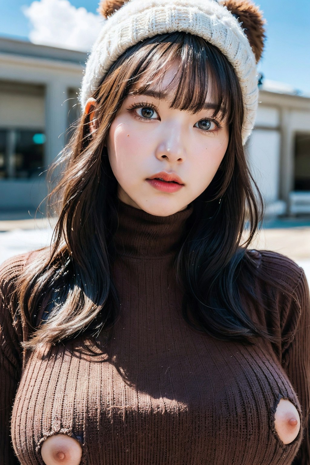 タートルネックのニットでポロリ