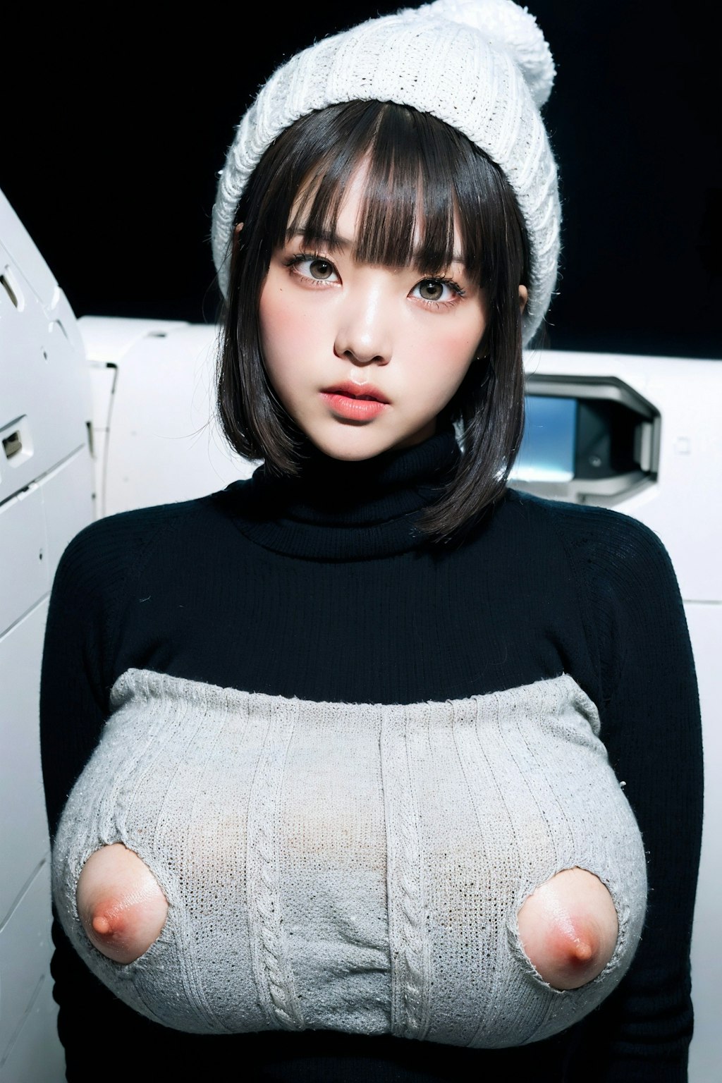 タートルネックのニットでポロリ