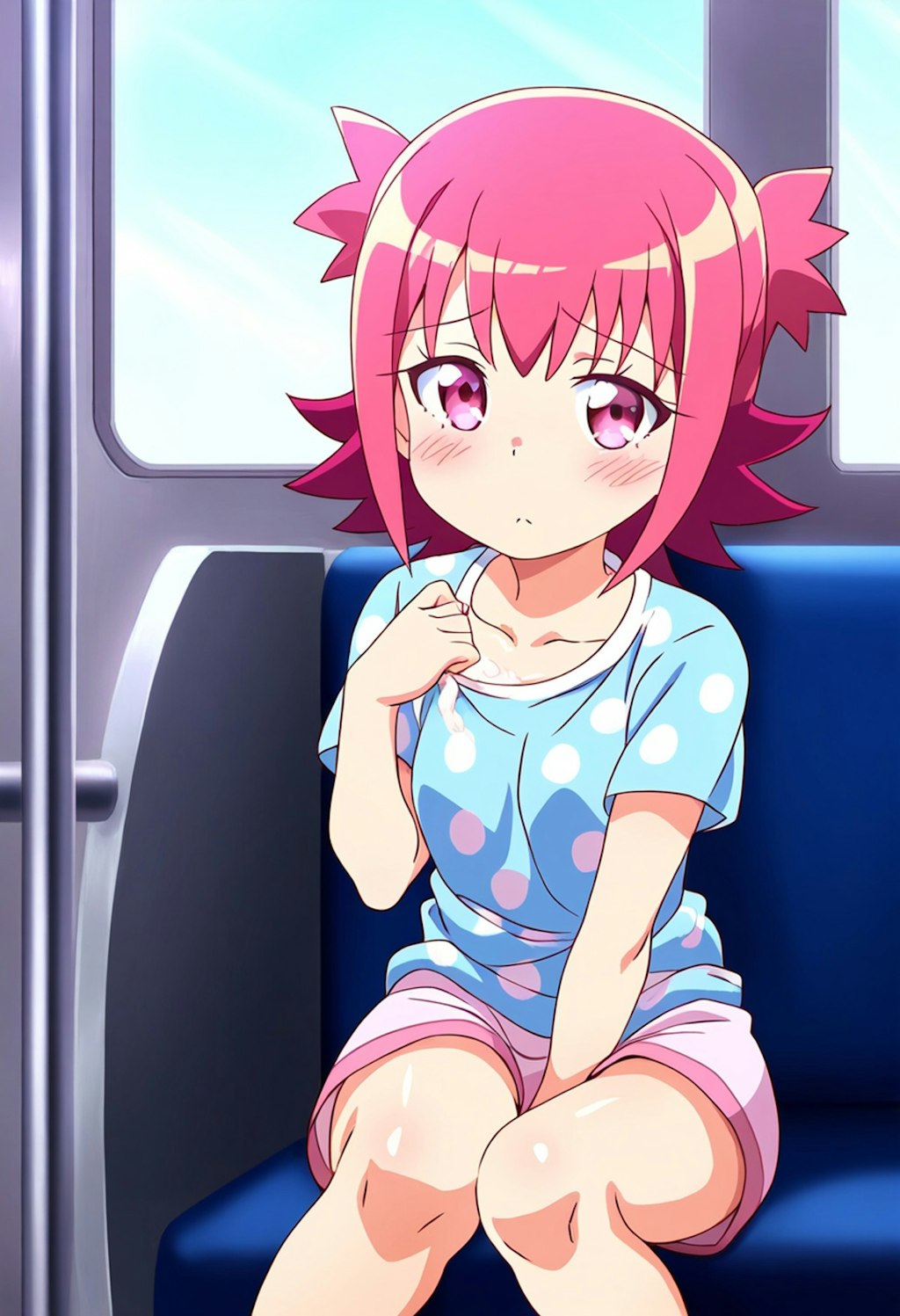 電車の座席に座る女の子