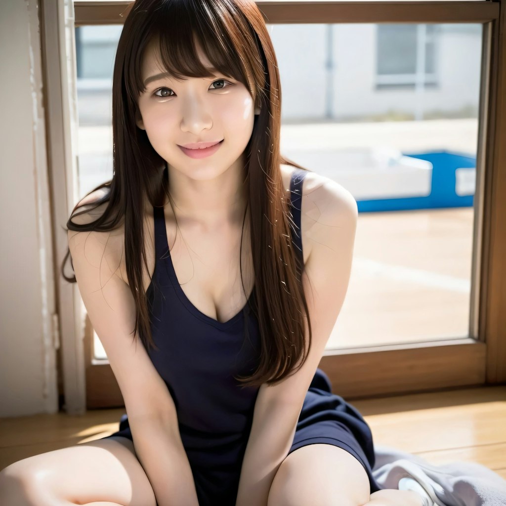 黒髪ロングで運動着の美女
