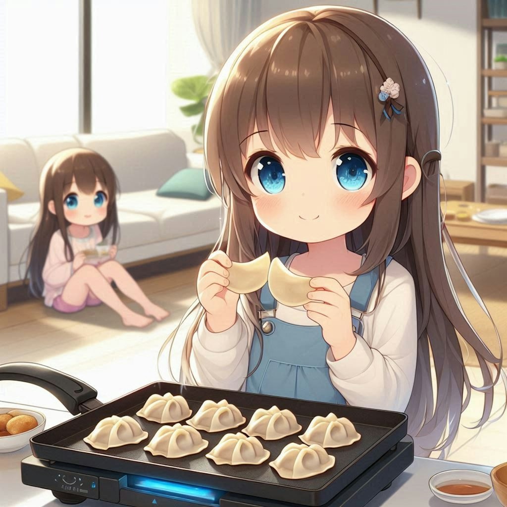 焼きたての餃子を食べる小さな女の子