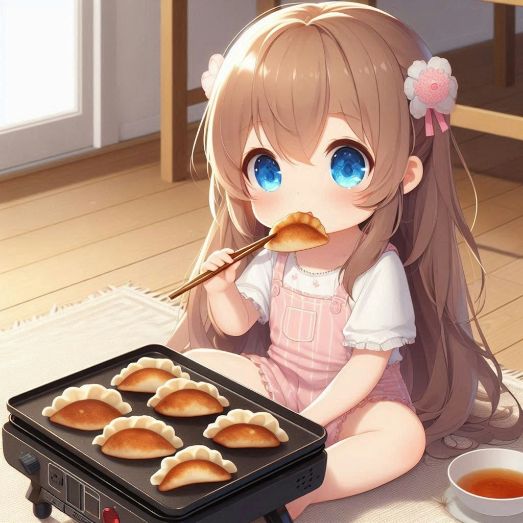 焼きたての餃子を食べる小さな女の子