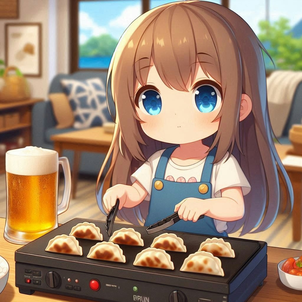 焼きたての餃子を食べる小さな女の子