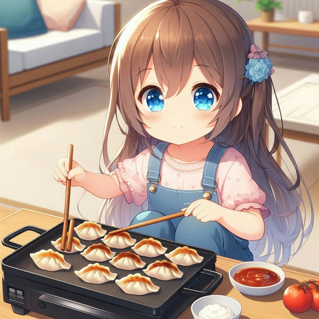 焼きたての餃子を食べる小さな女の子