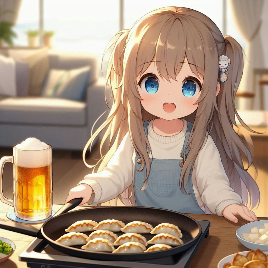 焼きたての餃子を食べる小さな女の子