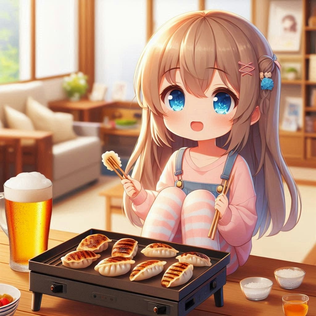 焼きたての餃子を食べる小さな女の子