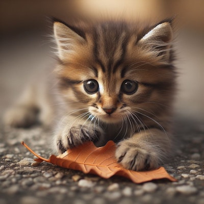 猫の子がちょいと押さえる木の葉かな　写真風