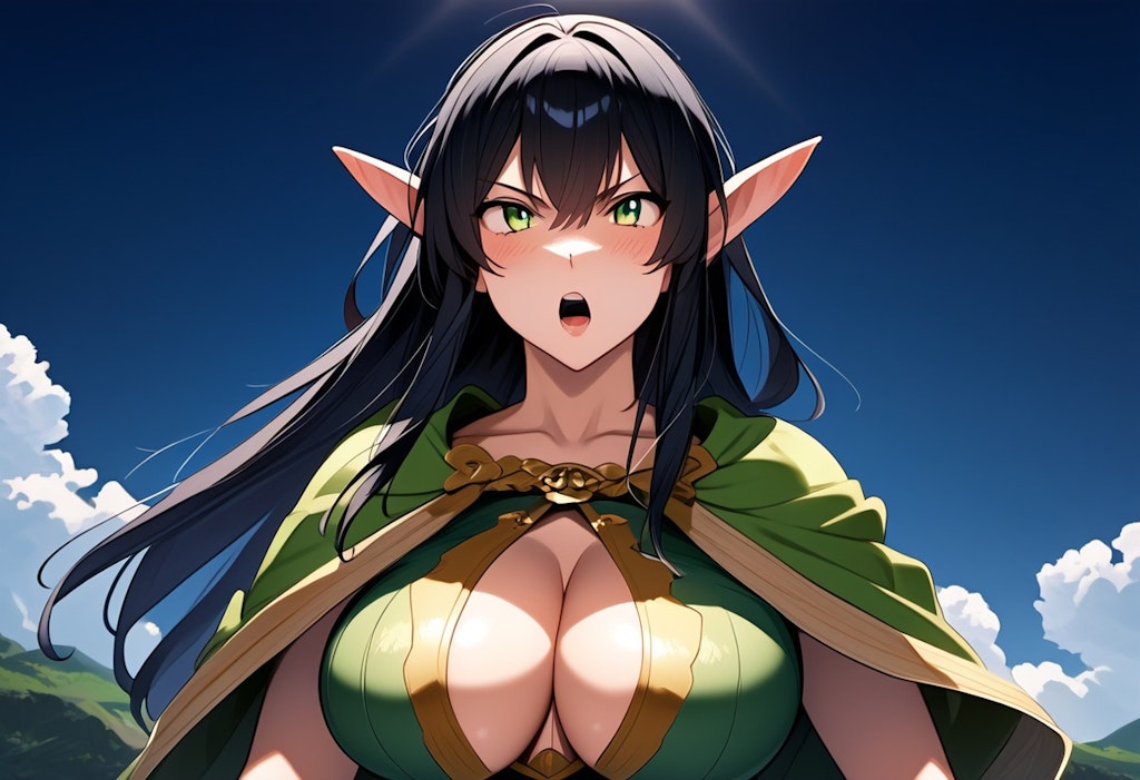 黒髪巨乳エルフ