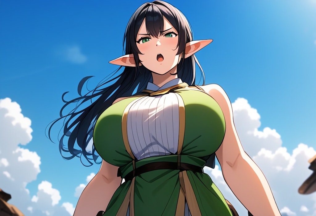 黒髪巨乳エルフ