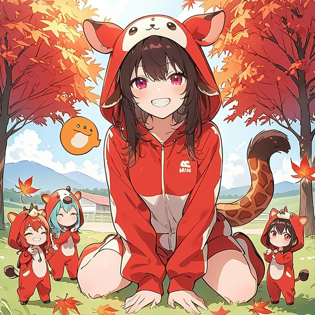 秋の紅葉と着ぐるみちゃんとちび子ちゃん