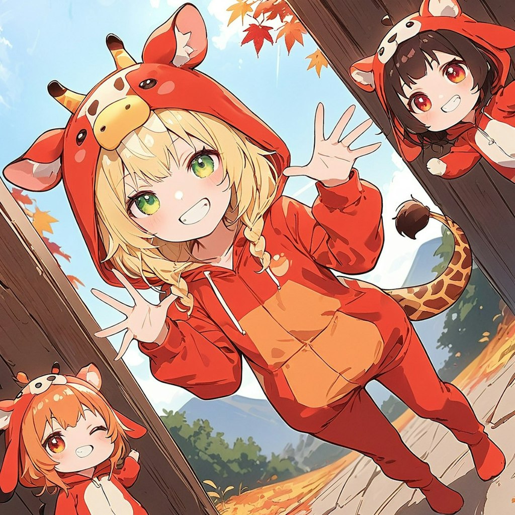 秋の紅葉と着ぐるみちゃんとちび子ちゃん