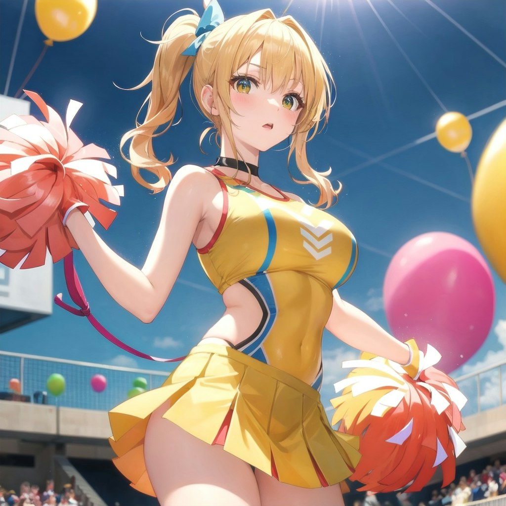 体育館で風船を膨らませて遊ぶブロンドのチアガール