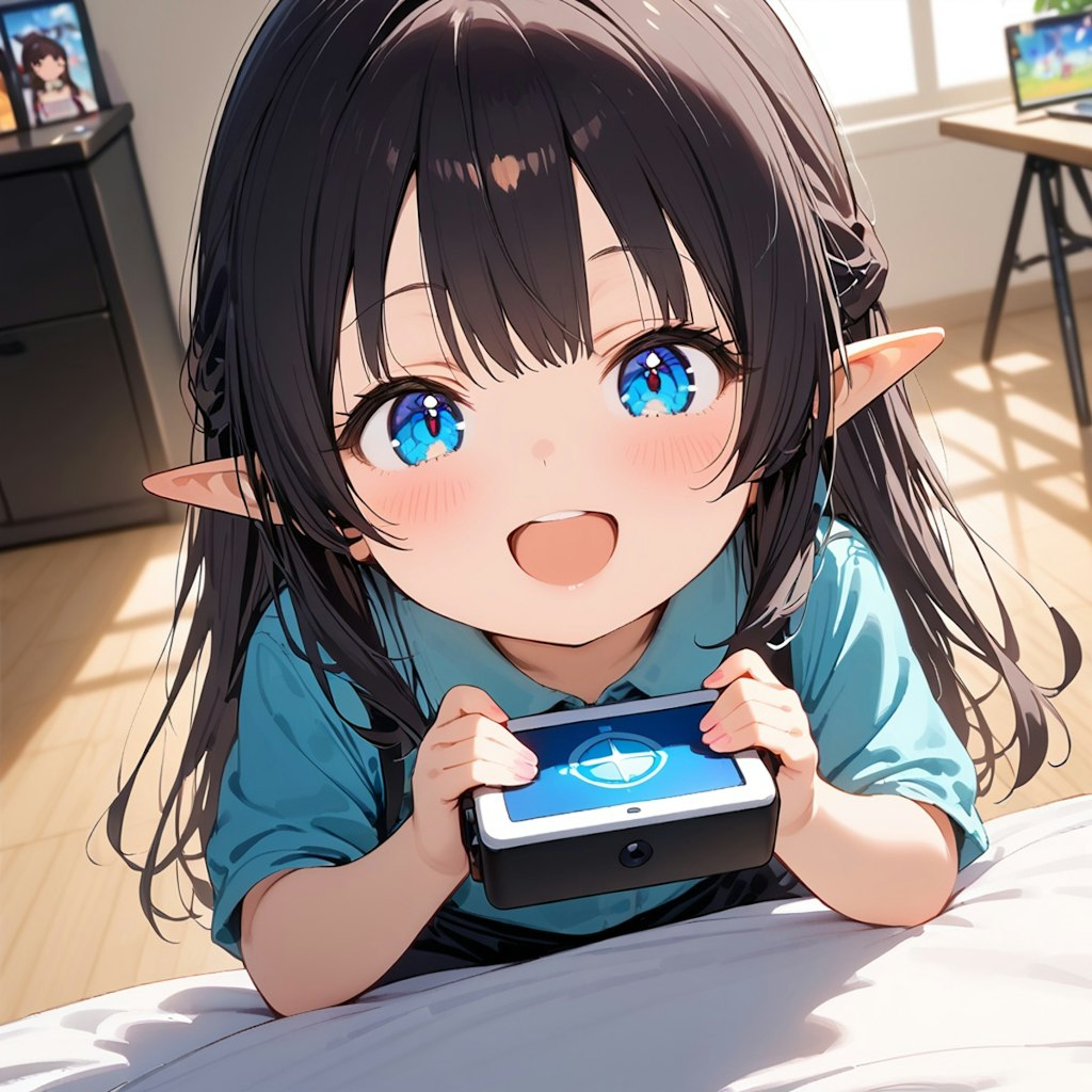 ゲーム配信するエルフの小さな女の子