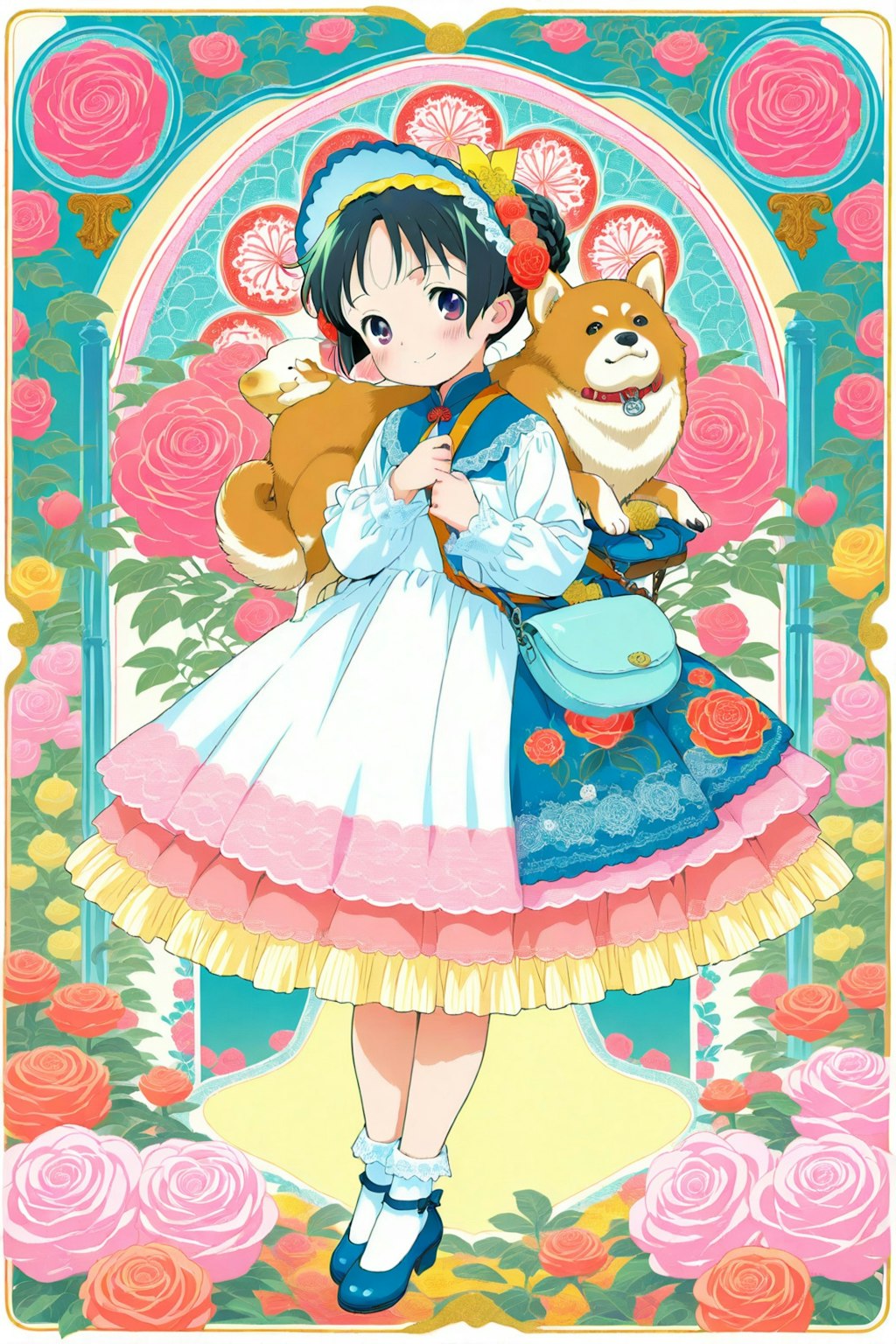 ミュシャ風な女の子と犬