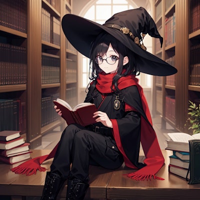図書館で眼鏡をかけて本を読む魔女