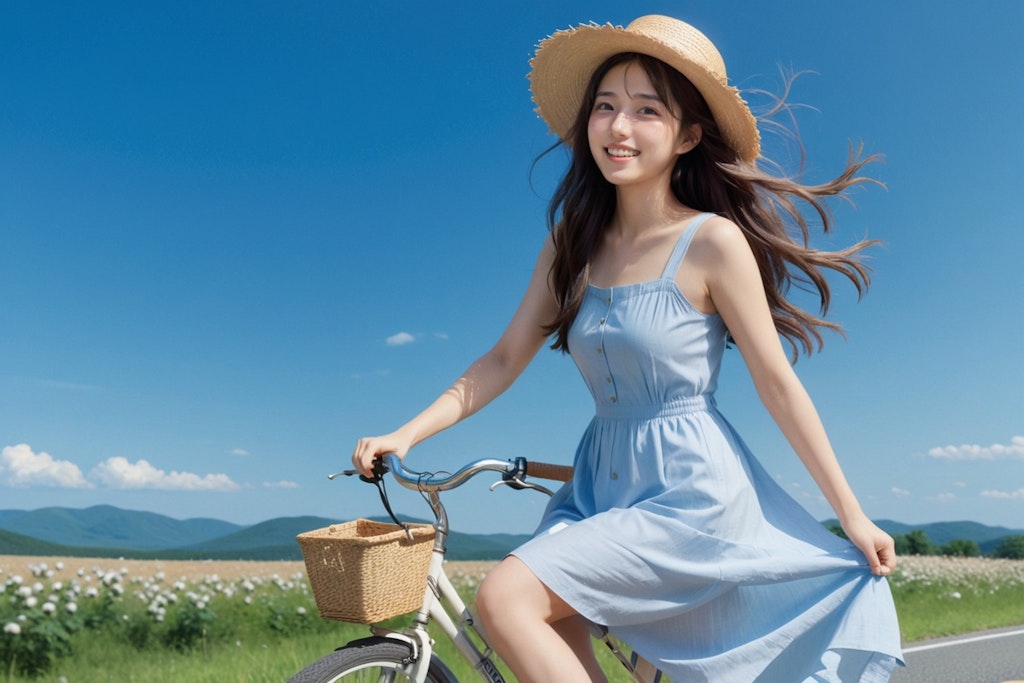 夏の日に自転車に乗る女性