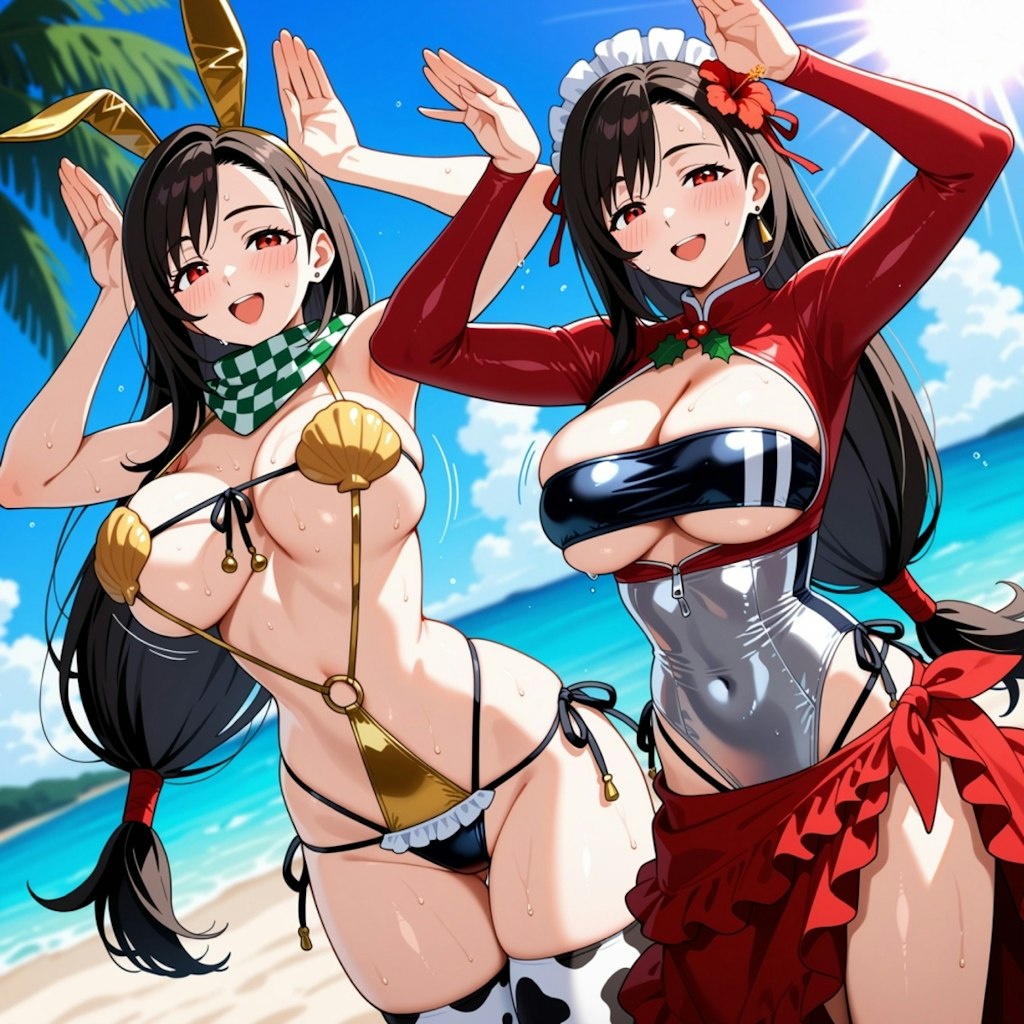 夏のビーチで踊る水着コスプレ人妻