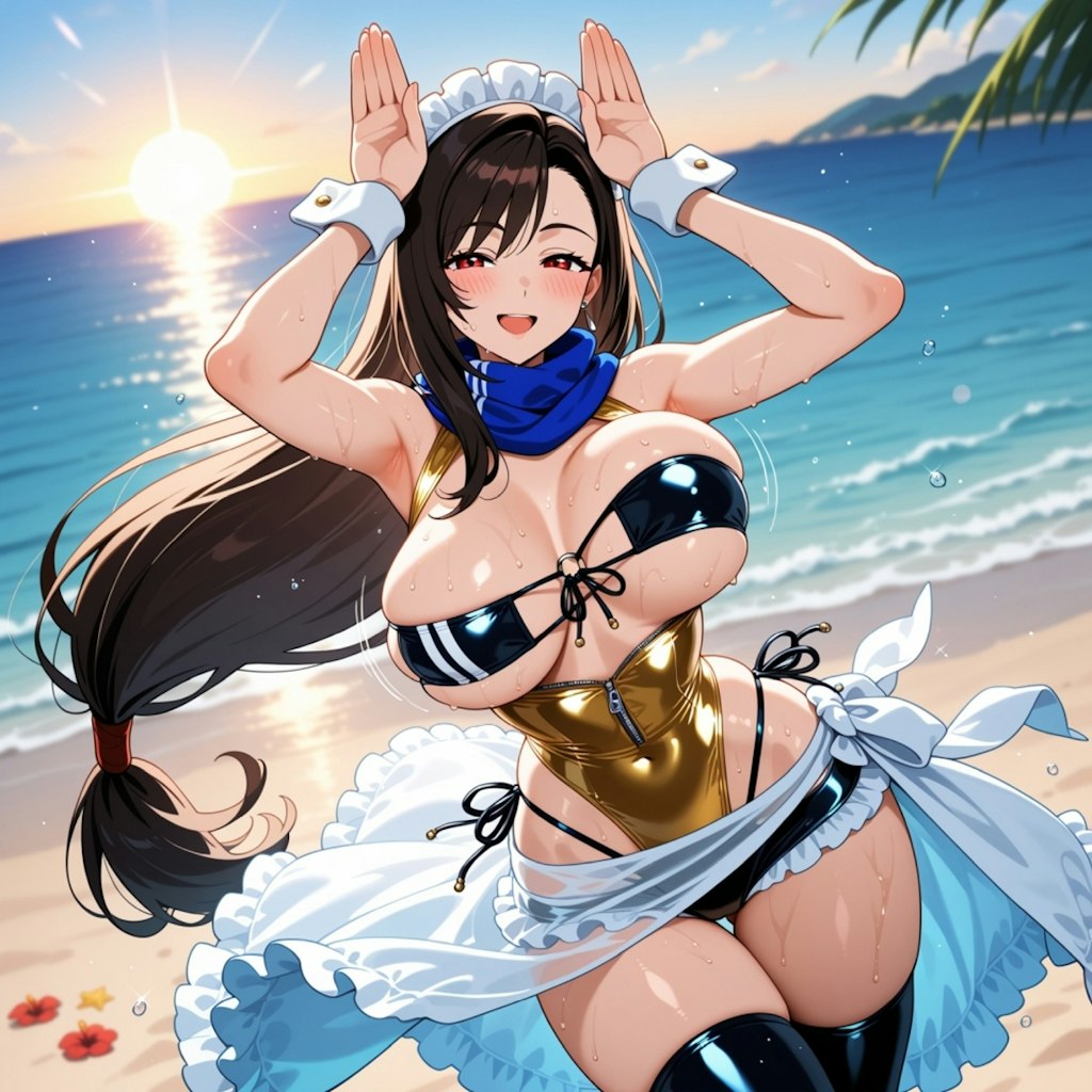 夏のビーチで踊る水着コスプレ人妻
