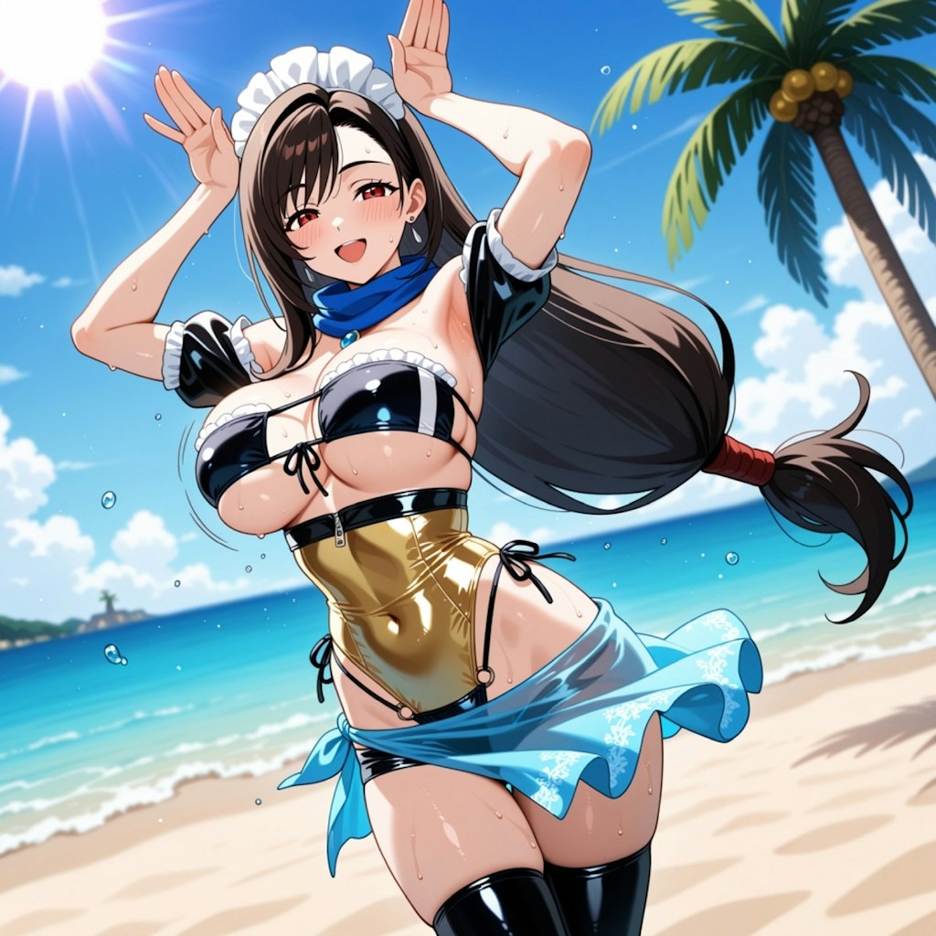 夏のビーチで踊る水着コスプレ人妻
