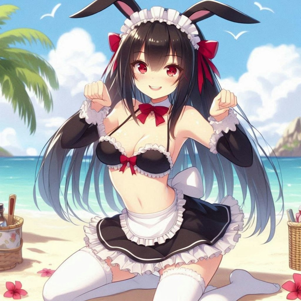 夏のビーチで踊る水着コスプレ人妻