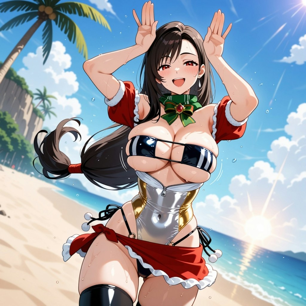 夏のビーチで踊る水着コスプレ人妻