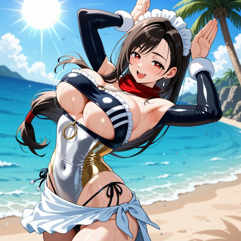 夏のビーチで踊る水着コスプレ人妻