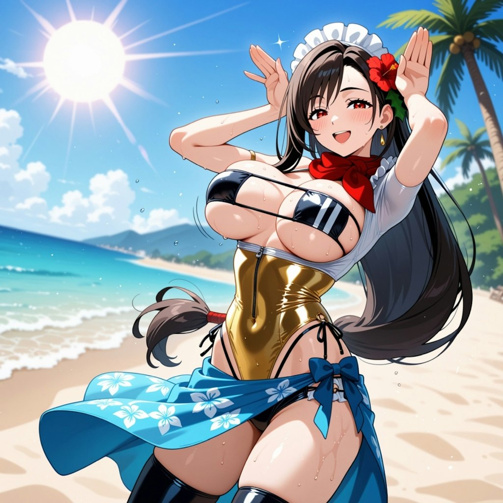 夏のビーチで踊る水着コスプレ人妻