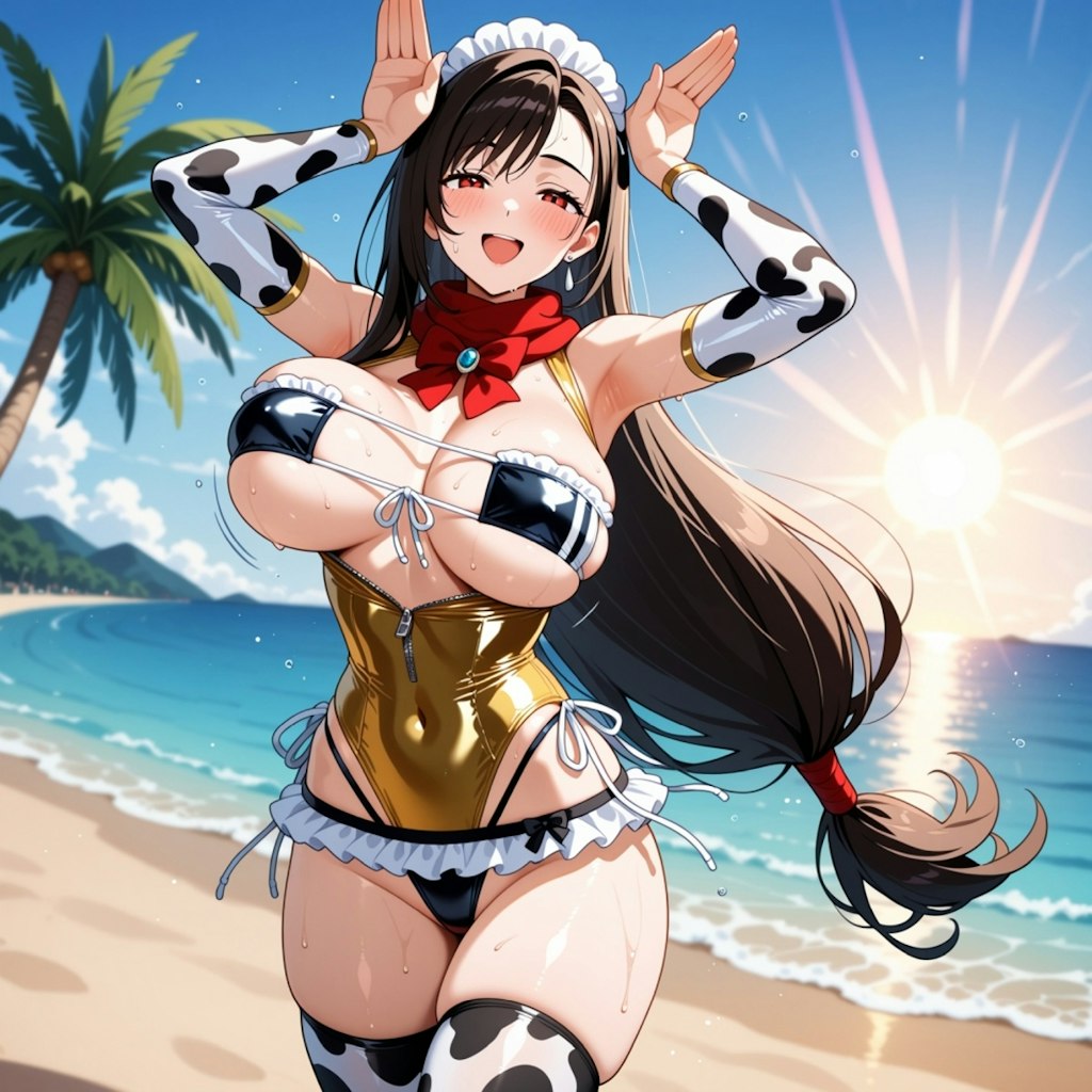夏のビーチで踊る水着コスプレ人妻