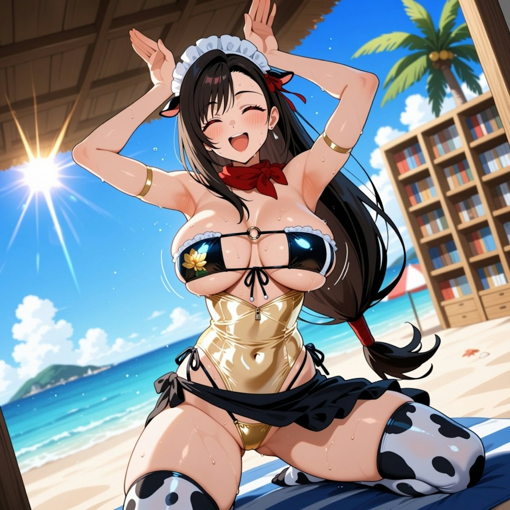 夏のビーチで踊る水着コスプレ人妻