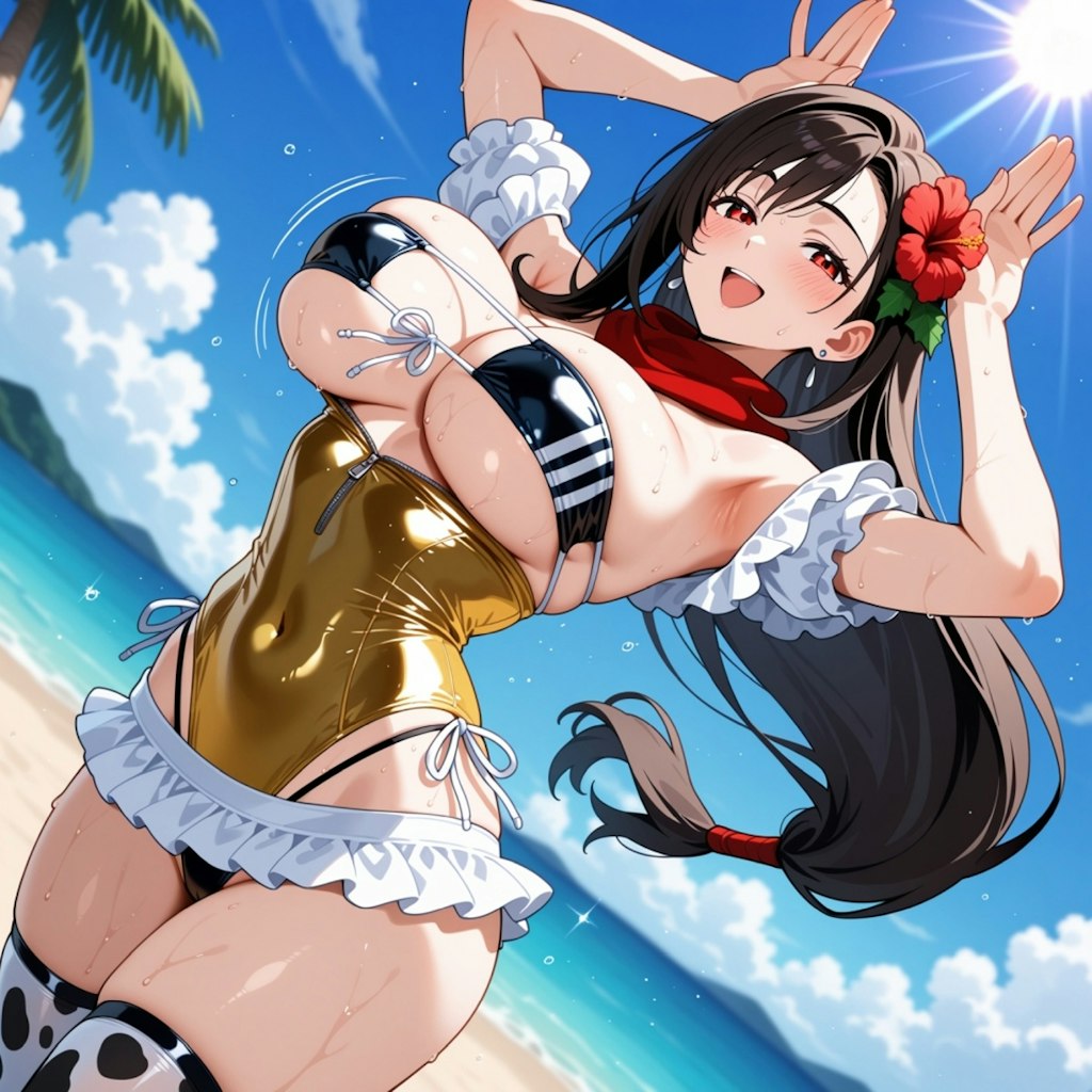 夏のビーチで踊る水着コスプレ人妻