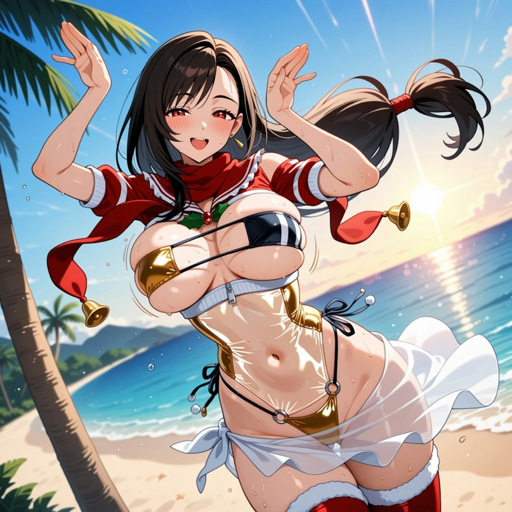 夏のビーチで踊る水着コスプレ人妻