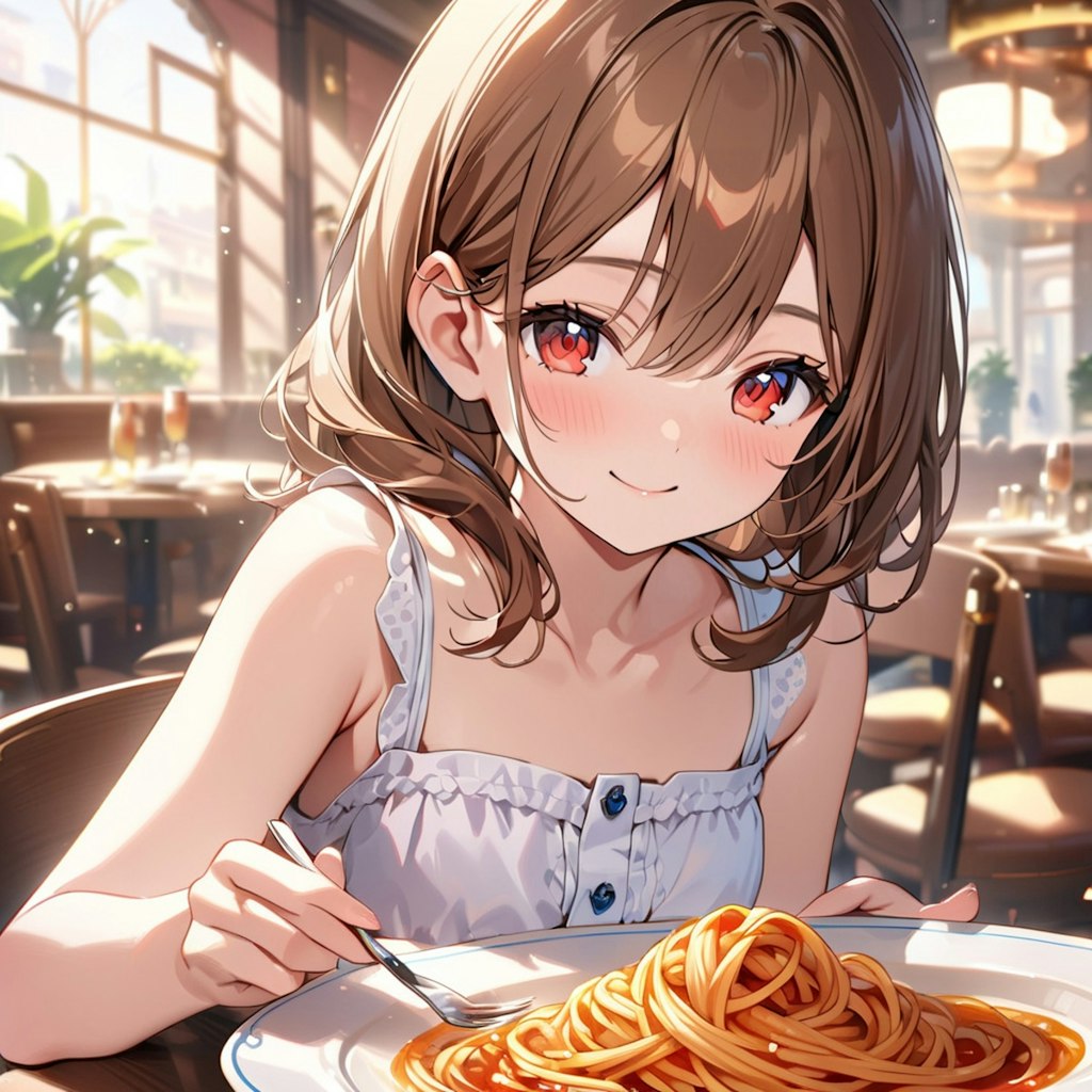 あ～、幸せ♡ このパスタ、美味しすぎてとろけちゃう！ Oh, happiness ♡ This pasta is so good, it melts in your mouth!