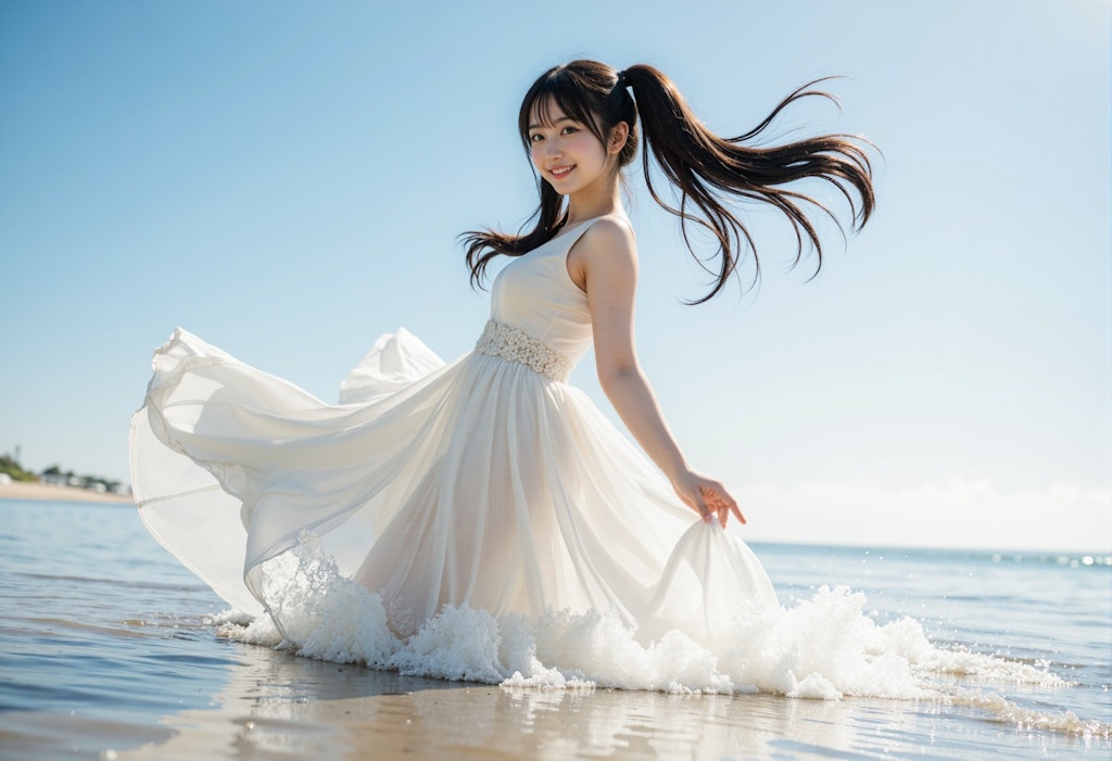 海辺のツインテールの女の子