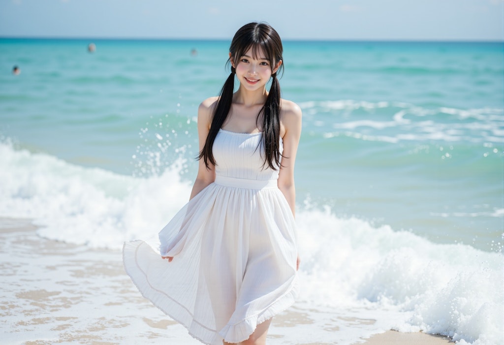 海辺のツインテールの女の子