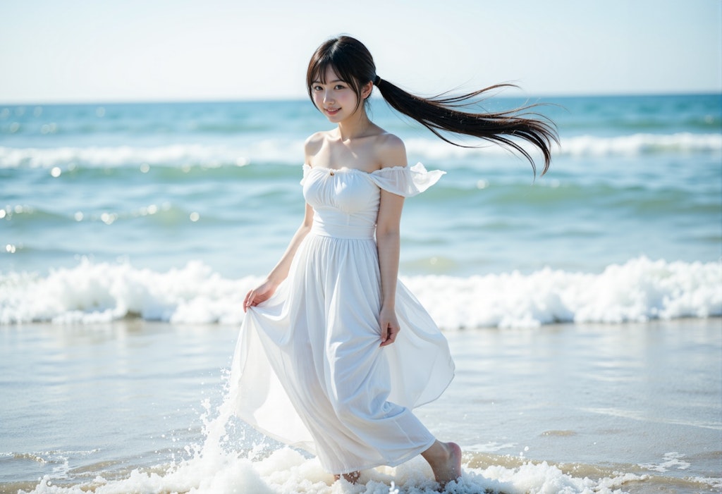 海辺のツインテールの女の子