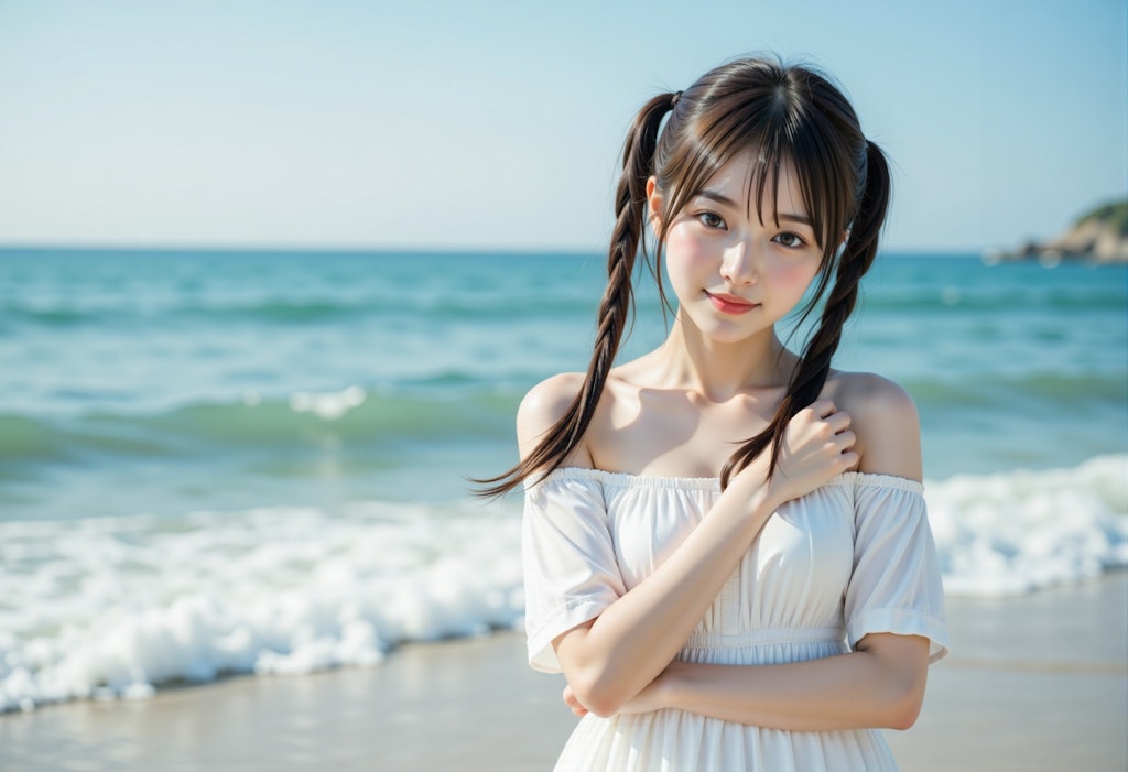 海辺のツインテールの女の子