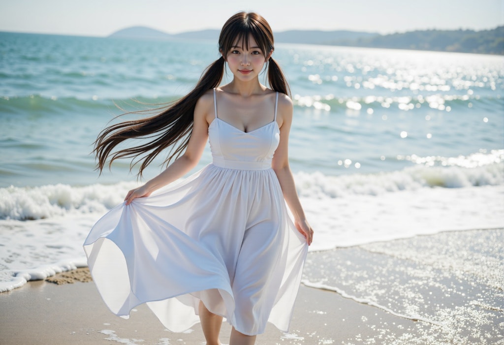 海辺のツインテールの女の子