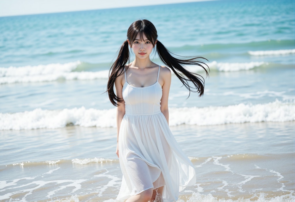 海辺のツインテールの女の子