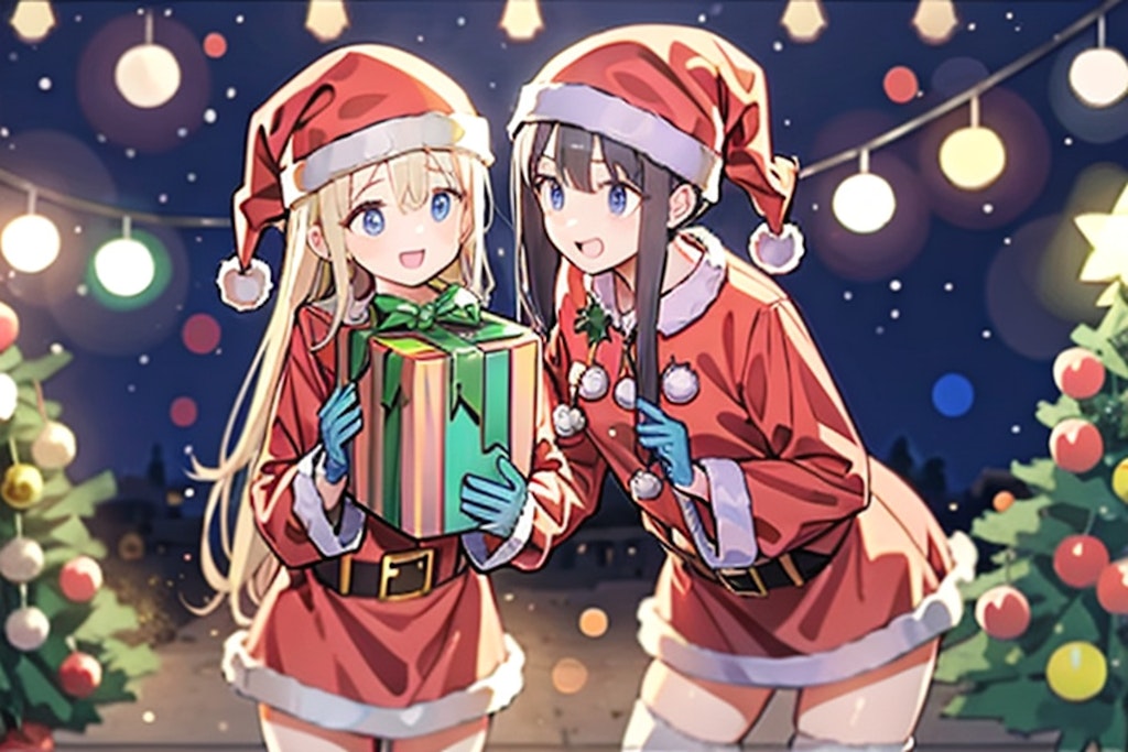 サンタクロースの衣装を着て、クリスマスプレゼントを配っている女の子達