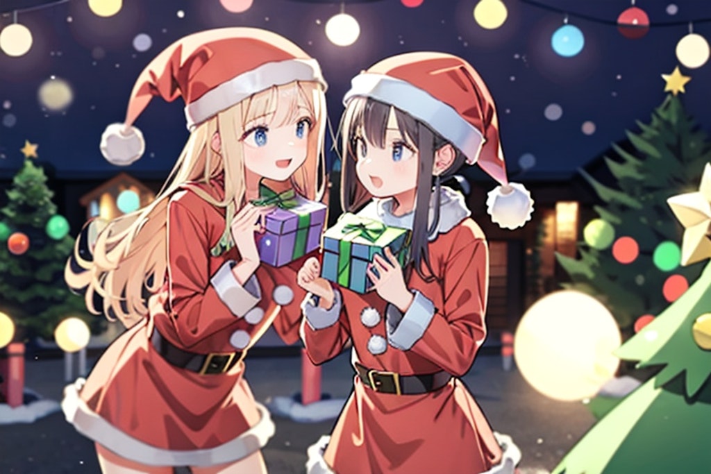 サンタクロースの衣装を着て、クリスマスプレゼントを配っている女の子達