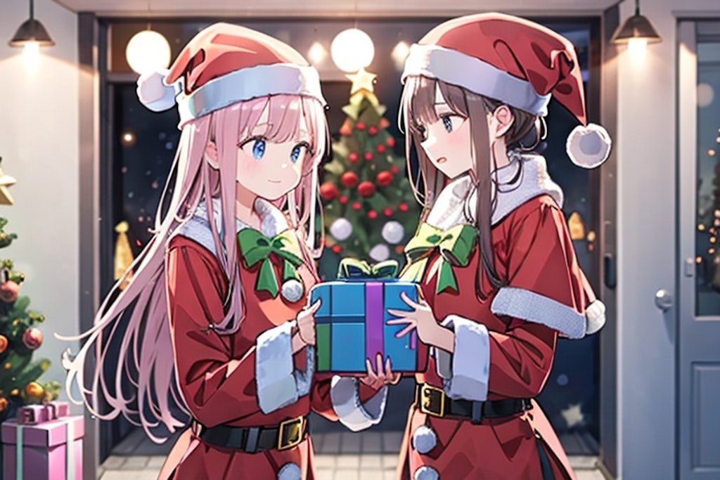 サンタクロースの衣装を着て、クリスマスプレゼントを配っている女の子達