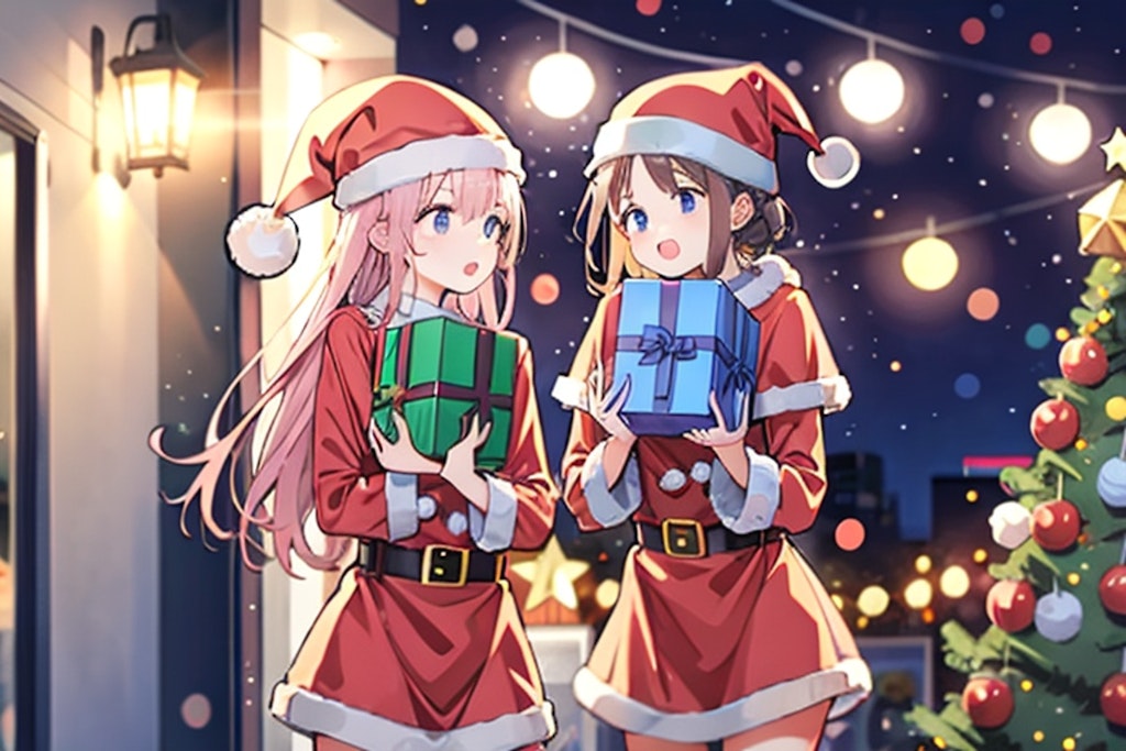 サンタクロースの衣装を着て、クリスマスプレゼントを配っている女の子達