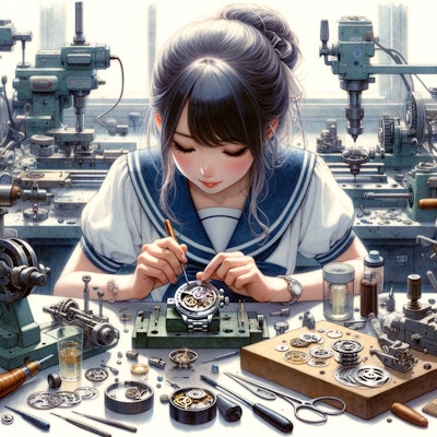 機械式腕時計の製作に熱中する女子学生