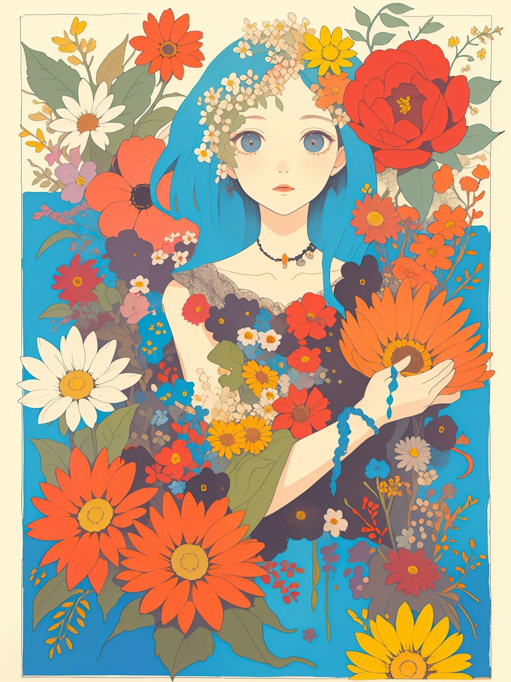 flower and blue hair girl